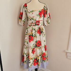 NWT Vince Camuto White And Red Floral Puff Sleeve Midi Dress Size 6